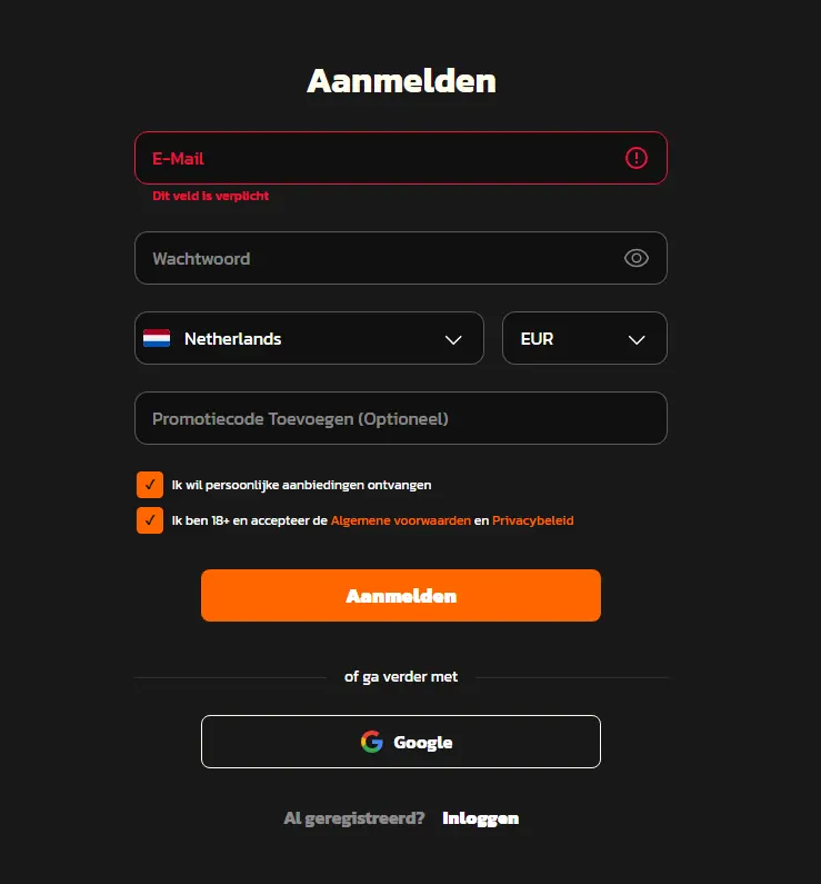 Snel formulier om een spelersaccount aan te maken
